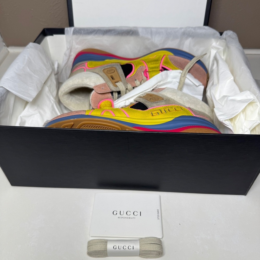 NEW Gucci Ultrapace RT Mid Top Sneakers Yellow Pink Blue M 6.5/ W 8-8.5 - Picture 15 of 15